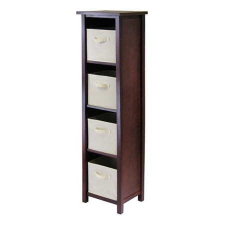 Winsome Verona 4 Section N Storage Shelf with 4 Foldable Fabric Baskets - Walnut and Beige 94861