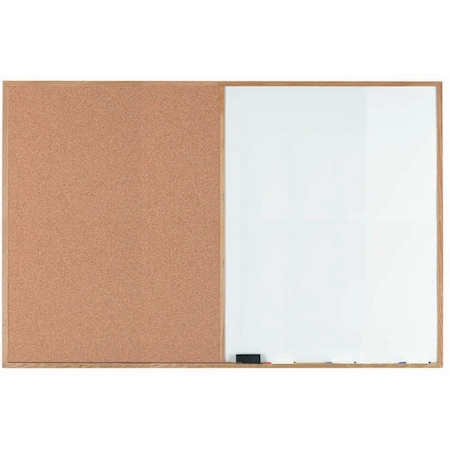 Aarco Wood Frame Combination Board Bulletin Board Next to a Melamine Marker Board, 48''Hx72''W WCO4872