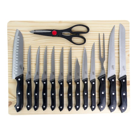 Gibson Home Wildcraft 15 Piece Stainless Steel Cutlery Set with Pine Wood Cutting Board 127514.15