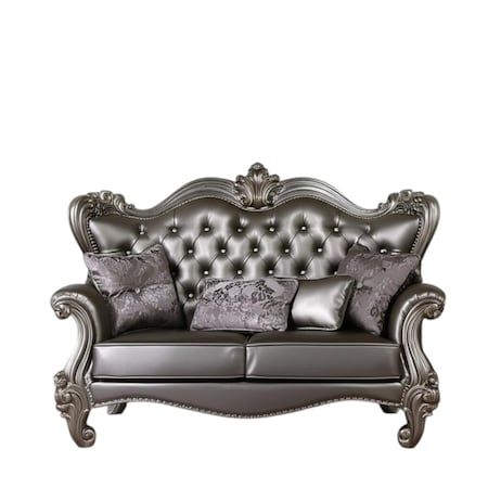 Homeroots 70in Silver And Platinum Faux Leather Loveseat and Toss Pillows 515708