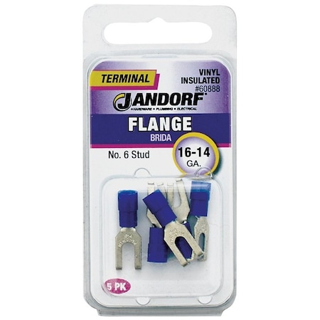 Jandorf Flanged Spade Terminal, 16 to 14 AWG Wire, #6 Stud, Vinyl Insulation, Copper Contact 60888