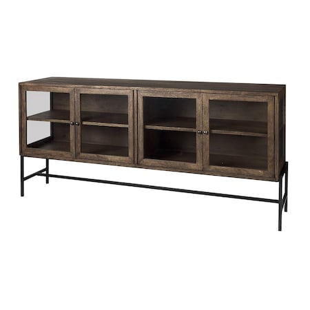 Homeroots 70in Black And Brown Solid Wood Sideboard Soft Close with Four Glass Doors 611015