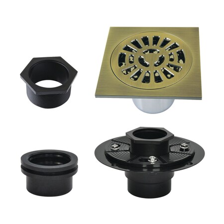 Kingston Brass 4" Brass Square Grid Shower Drain with Flange, Antique Brass BSFK4267AB