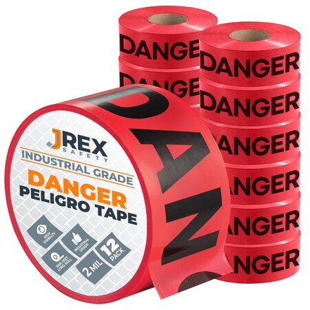Jrex Safety Danger/Peligro Tape Roll - 1000 Ft x 3 Inch Wide Each - Red, 12PK PDPT-JR-12PK