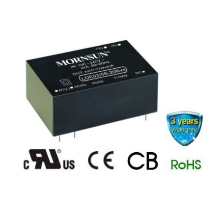 Mornsun AC-DC converter, Modular, Single output 18W 5VDC, 85-264VAC input LDE20-20B05