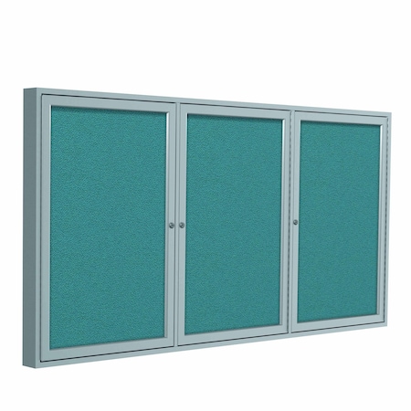 Ghent 3 Door Enclosed Fabric Bulletin Board, Satin Aluminum Frame, 4'H x 8'W, Teal PA34896F-97