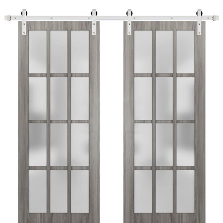 Sartodoors Sturdy Double Barn Door with Frosted Glass 12 Lites, Felicia 3312 Ginger Ash Grey, 13FT Rail Hange FELICIA3312DB-S-GA-72