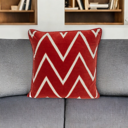 Homeroots 22" Beige and Red Zigzag Cotton Throw Pillow with Embroidery and Applique 529239