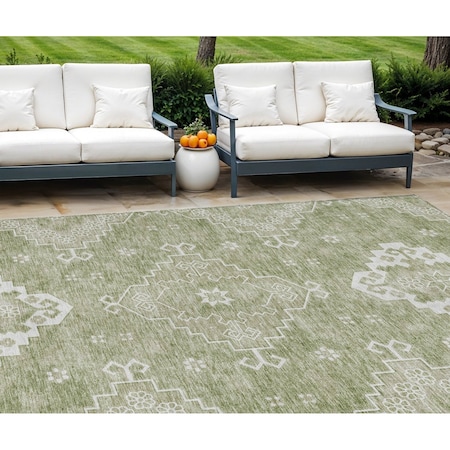 Homeroots 9' X 12' Artichoke Green Beige And Ivory Medallion Washable Indoor Outdoor Area Rug 589024