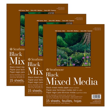 Strathmore 400 Series Mixed Media Pad, Black, Glue Binding, 15 Sheet, 9x12 inch, 3PK P462-509-03