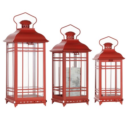 Homeroots Set of Three Red Geometric Glass And Metal Floor Lantern Candle Holders, 3PK 516434