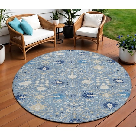 Homeroots 8' Denim Blue Ivory And Beige Round Oriental Washable Indoor Outdoor Area Rug 598036