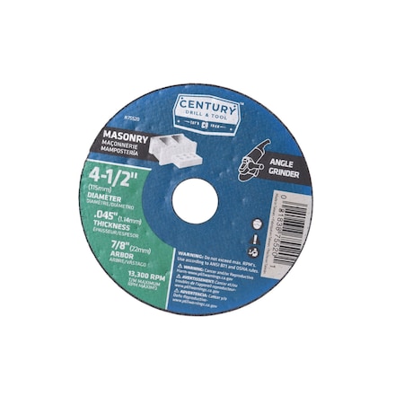 Century Drill & Tool Abrasive Cut-Off Wheel, Type 1, 4-1/2 in Dia, 0.045 in Thick, 7/8 in Arbor Hole Size, C46S Series 75520