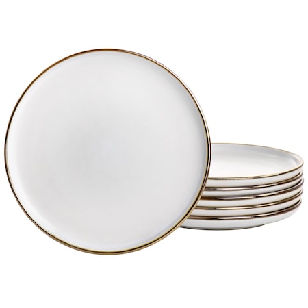 Elama Arthur 6 Piece Stoneware Salad Plate Set in Matte White with Gold Rim ELM-ARTHUR6S