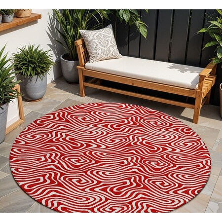 Homeroots 8' Red And Ivory Round Abstract Washable Indoor Outdoor Area Rug 599750