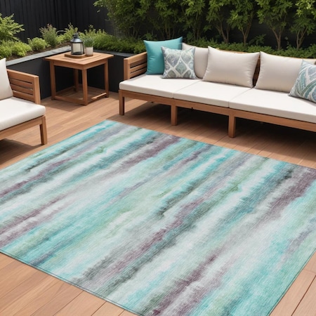 Homeroots 9' X 12' Teal Blue Plum And Ivory Striped Washable Indoor Outdoor Area Rug 631417