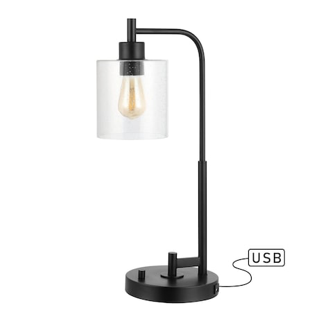 Jonathan Y Axel Modern 23" Iron/Seeded Glass Farmhouse Industrial USB Charging LED Task Lamp, Black JYL3078A