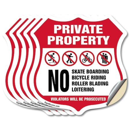 Signmission Private Property Shield Sign No Skateboa, 4 inch X 4 inch, Vinyl Decal, 5PK SHI-D-5PACK-4-442