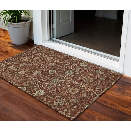 Homeroots 3' X 5' Brown Tan And Red Floral Washable Indoor Outdoor Area Rug 603431