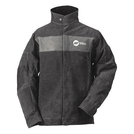 Miller Electric Welding Jacket, Pigskin, 2 oz, 30 in Length, Snaps Closure, 2 Pockets, Gray, L 273214