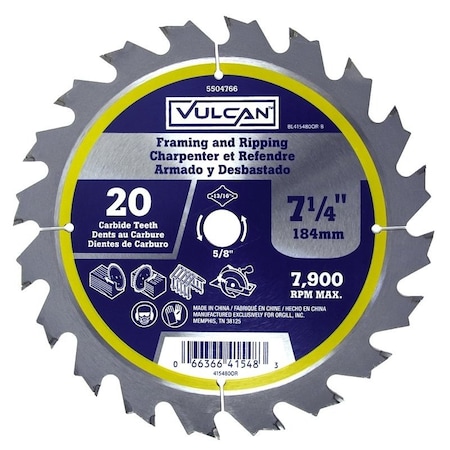 Vulcan Circular Saw Blade, 7-1/4 in Dia, 5/8 and 13/16 Diamond in Arbor 415480OR