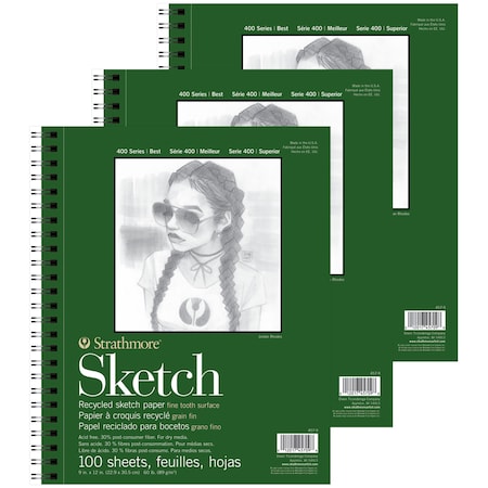 Strathmore 400 Series Sketch Pad, Recycled, Side Wire Binding, 100 Sheet, 9x12 inch, 3PK P457-9-03