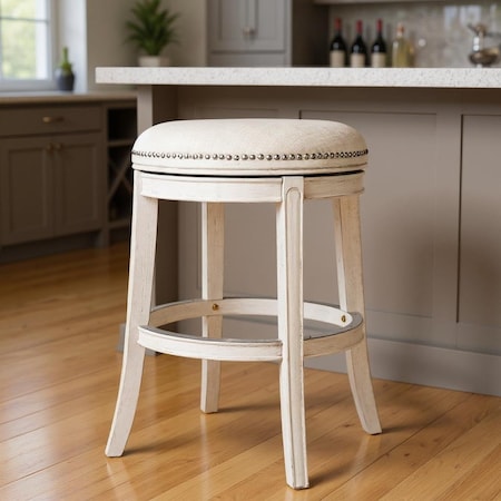 Homeroots 30" Bone and Antiqued White Fabric and Solid Wood Backless Bar Height Swivel Bar Chair 632390