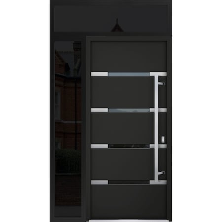 Vdomdoors Steel Door Deux 1105 Black Enamel Sidelight and Transom Window Sidelite Stainless Inserts Entry Doo DEUX1105EXD-BLK-W36+14 x H80+16-LH-I
