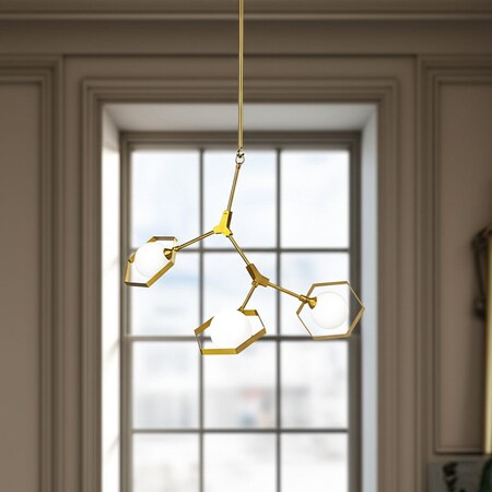 Homeroots Brass Unique Statement Three Light Metal and Glass Dimmable Chandelier With White Shades 611348