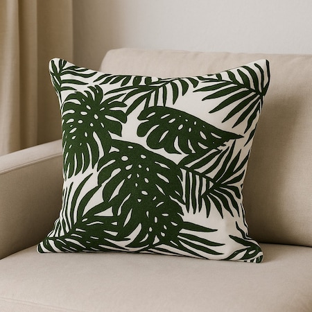 Homeroots 20" Green And White Tropical Botanical Linen Throw Pillow Cover with Embroidery 608181