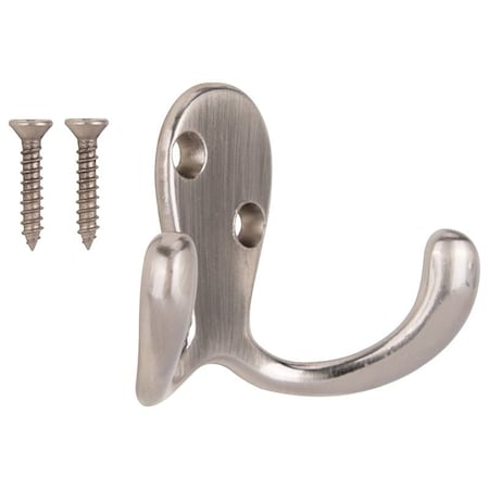 Prosource Coat and Hat Hook, 22 lb, 2-Hook, 7/8 in Opening, Zinc, Satin Nickel 23263SNB3L-PS