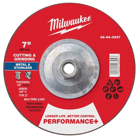 Milwaukee Tool Cut-Off & Grinding Wheel, 7/8" Sz, 7" dia. 49-94-0937