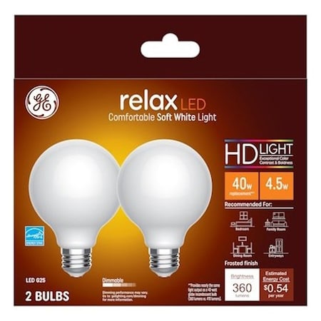 Ge Relax LED Bulb, Globe, G25 Lamp, 40 W Equivalent, E26 Lamp Base, Dimmable, Frosted, Soft White, PK2 31541