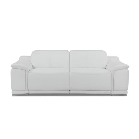 Homeroots 86" White Italian Leather USB Reclining Sofa With Silver Legs 476525