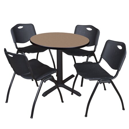 Regency Round Cain Breakroom Table W/ 4 M Stack Chairs, 30 in W, 30 in L, Noble Oak TB30RNDNO47BK
