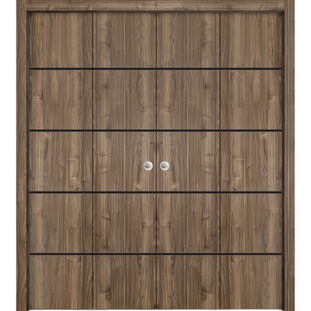 Sartodoors Sliding Closet Double Bi-fold Doors, Planum 0015 Walnut and Aluminum Strips, Sturdy Tracks Moldings PLANUM0015DBF-WLN-72 x 84 (4* 18x84)