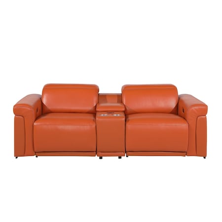 Homeroots 86in Orange and Black Italian Leather Power Reclining Loveseat With Storage 720527