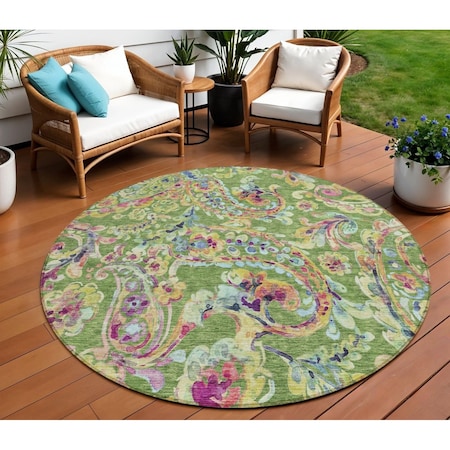 Homeroots 8' Fern Green And Artichoke Green Round Paisley Washable Indoor Outdoor Area Rug 588608