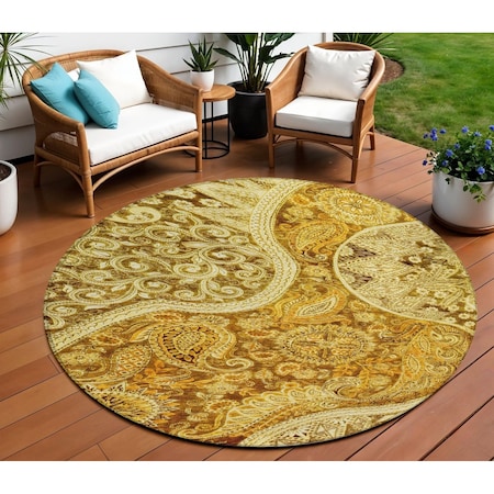 Homeroots 8' Terra Cotta Brown And Gold Round Floral Medallion Washable Indoor Outdoor Area Rug 603205