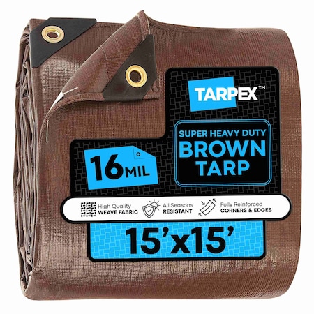 Tarpex Super Heavy Duty Tarp, 15 ft x 15 ft, 16 Mil, Brown, Polyethylene BHD-TA-1515