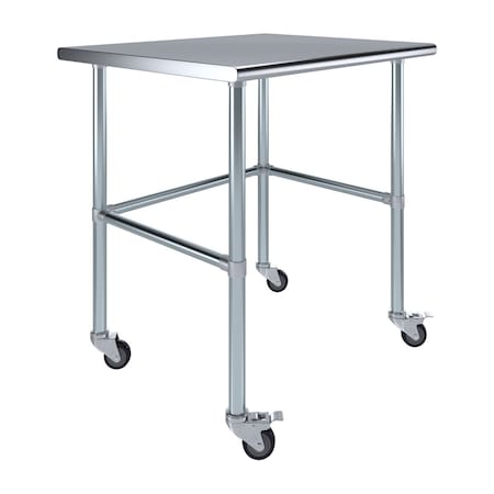 Amgood 30in D x 36in L Stainless Steel Open Base Table, 3in Casters AMG WT-3036-RCB-WHEELS-Z