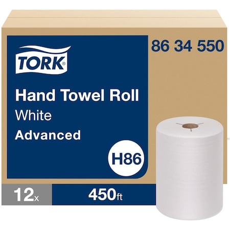 Tork Advanced Hand Towel Roll, Notched, 1-Ply, 8 x 11, White, 491/Roll, 12PK 8634550