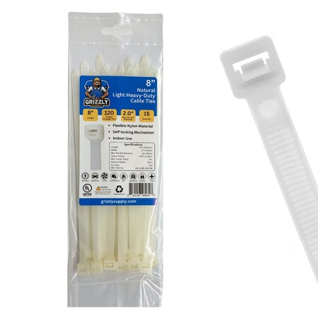 Grizzly Supply Cable Tie, 8 in L, 120 lb Strength, 2.2 in Max Bundle Dia, Nylon 6/6, Natural, 15PK GS-LHD8-120-9N