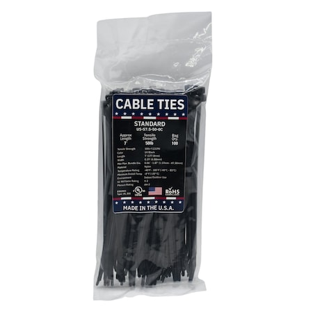 Cable Ties Unlimited Cable Tie, 7.5 in L, 50 lb Strength, 1.9 in Max Bundle Dia, Nylon 6/6, Black 100PK US-S7.5-50-0C