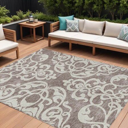 Homeroots 10' X 14' Taupe And Ivory Damask Washable Indoor Outdoor Area Rug 614466
