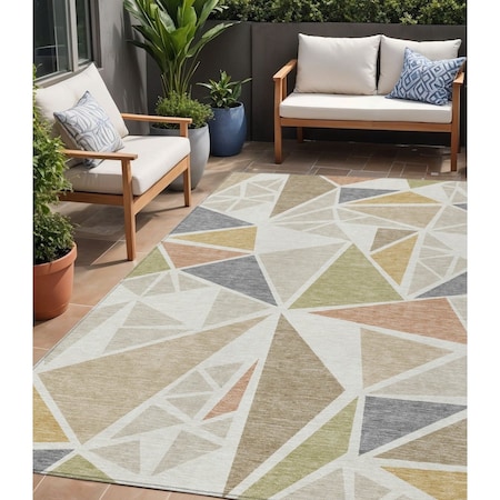 5' X 8' Ivory Brown And Green Geometric Washable Indoor Outdoor Area Rug