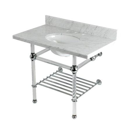 Kingston Brass 36-Inch Carrara Marble Console Sink with Acrylic Legs and Shelf, 8-Inch, 3-Hole KVPB3630MAB1