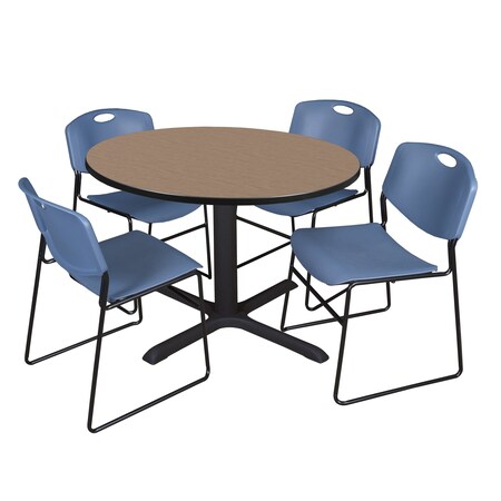 Regency Round Cain Breakroom Table W/ 4 Zeng Stack Chairs, 48 in W, 48 in L, Noble Oak TB48RNDNO44BE