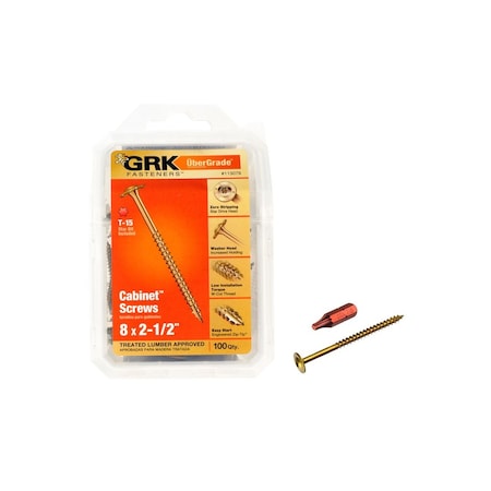 Grk Fasteners Cabinet Screws UberGrade No. 8 X 2-1/2" L Star Yellow Zinc, 100PK 113079