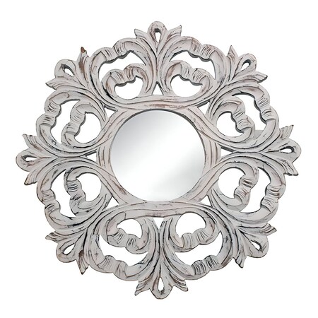 Homeroots 24" White Floral Scrollwork Distressed Round Framed Accent Mirror 485013